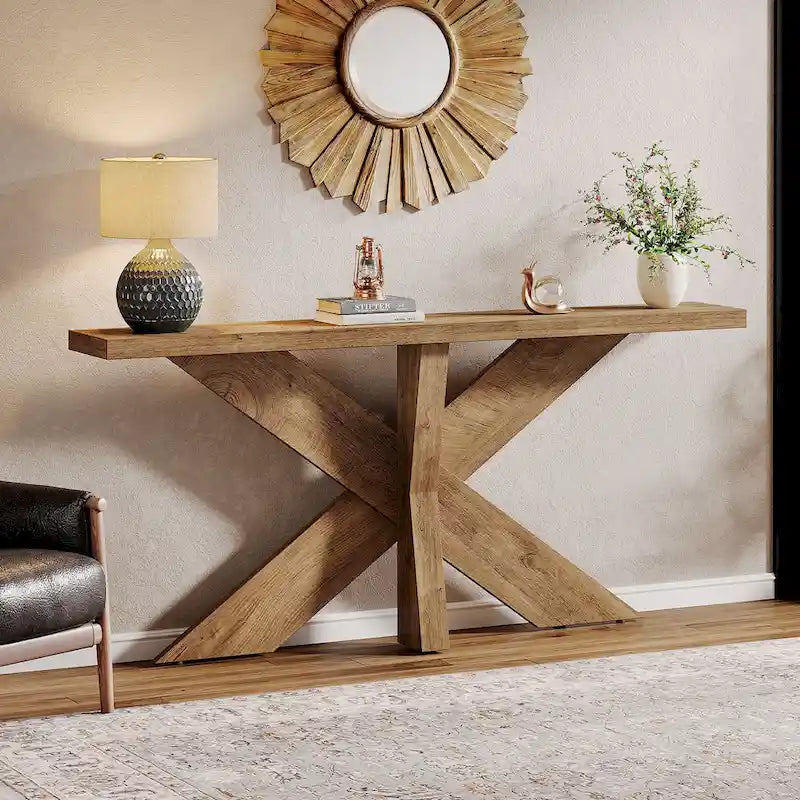 Console en bois de ferme brun avec piétement géométrique – 70,9 po