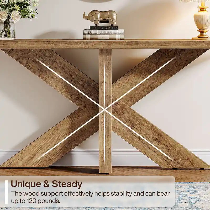 Console en bois de ferme brun avec piétement géométrique – 70,9 po