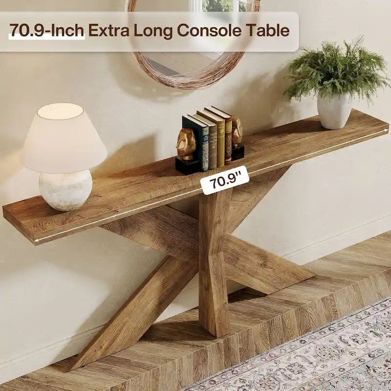 Console en bois de ferme brun avec piétement géométrique – 70,9 po