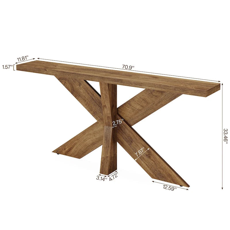 Console en bois de ferme brun avec piétement géométrique – 70,9 po