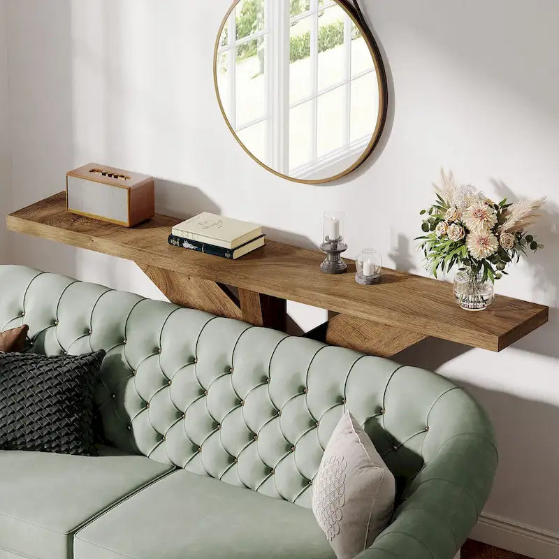 Console en bois de ferme brun avec piétement géométrique – 70,9 po