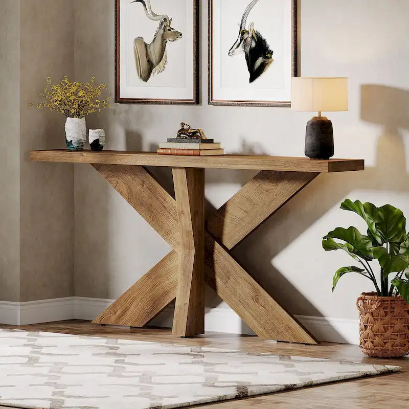 Console en bois de ferme brun avec piétement géométrique – 70,9 po