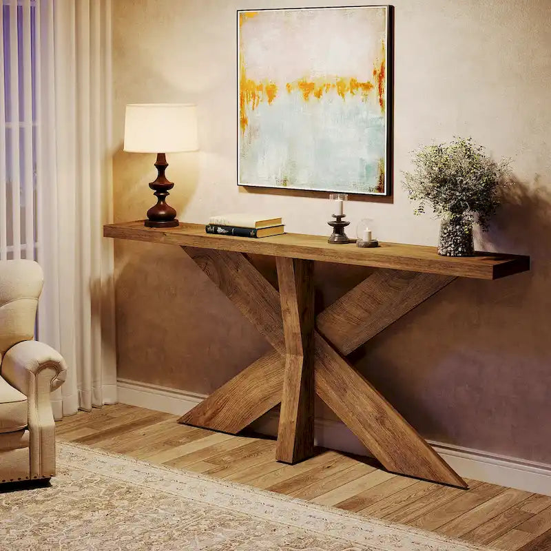 Console en bois de ferme brun avec piétement géométrique – 70,9 po