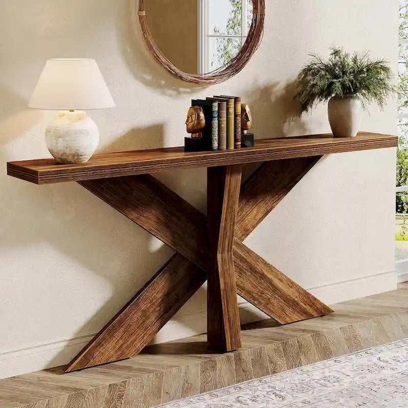 Console en bois de ferme brun avec piétement géométrique – 70,9 po