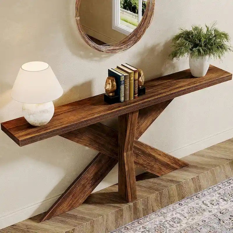 Console en bois de ferme brun avec piétement géométrique – 70,9 po