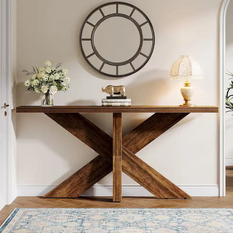 Console en bois de ferme brun avec piétement géométrique – 70,9 po