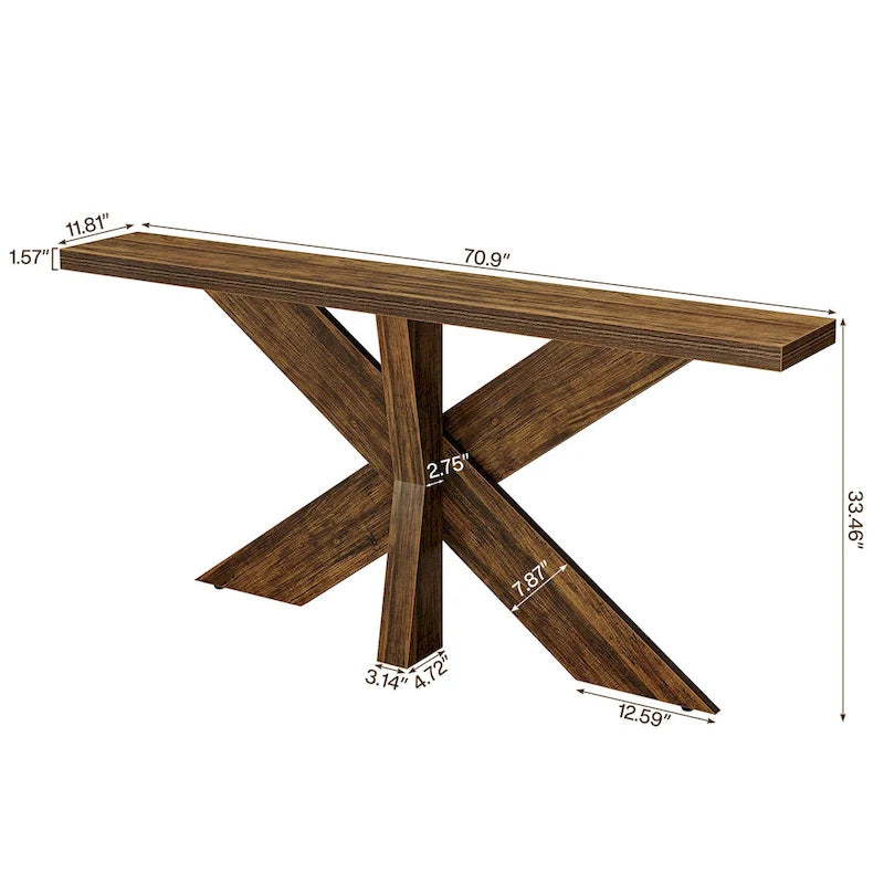 Console en bois de ferme brun avec piétement géométrique – 70,9 po