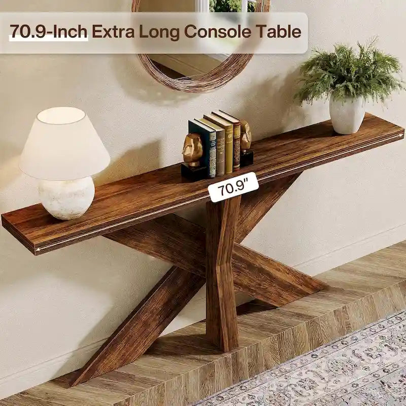 Console en bois de ferme brun avec piétement géométrique – 70,9 po