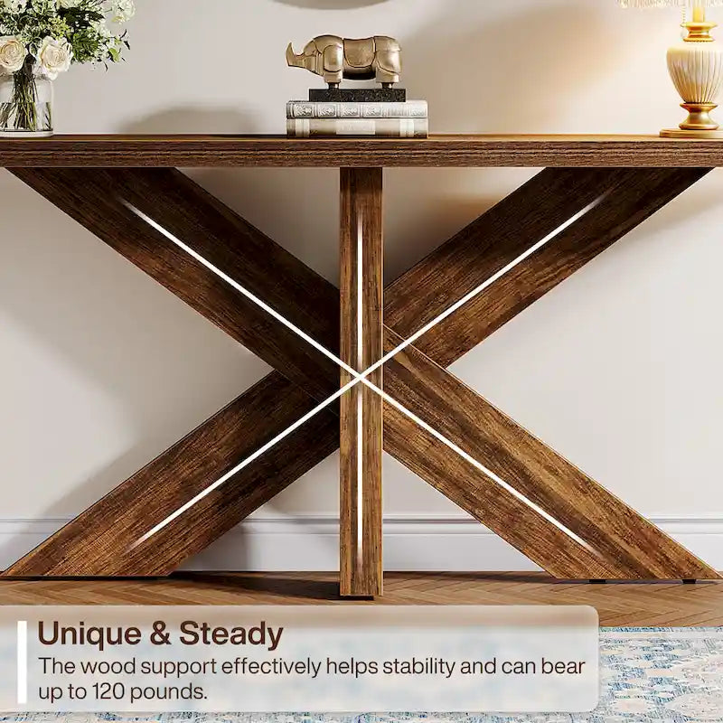 Console en bois de ferme brun avec piétement géométrique – 70,9 po
