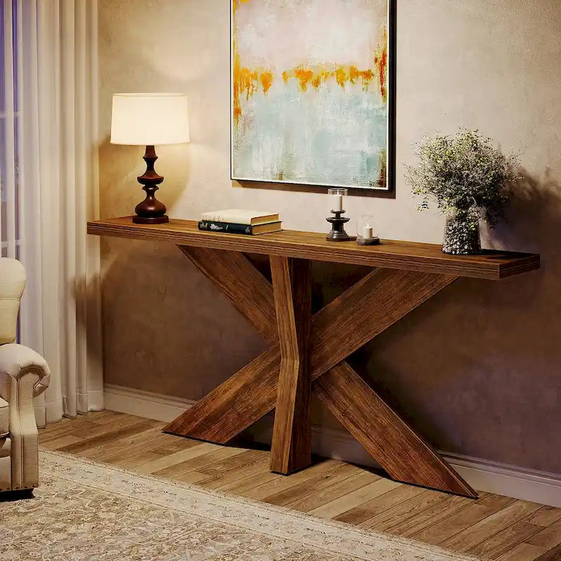 Console en bois de ferme brun avec piétement géométrique – 70,9 po