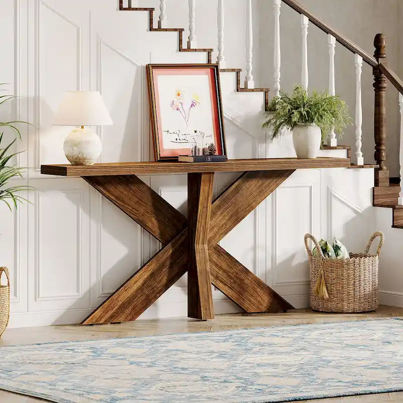 Console en bois de ferme brun avec piétement géométrique – 70,9 po