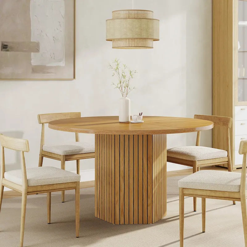Table à manger ronde marron avec pied hexagonal - 4 places