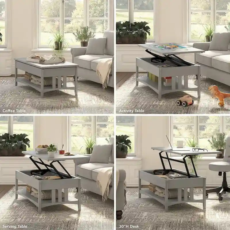 Table basse à plateau relevable avec rangement, blanc antique/gris cap Cod