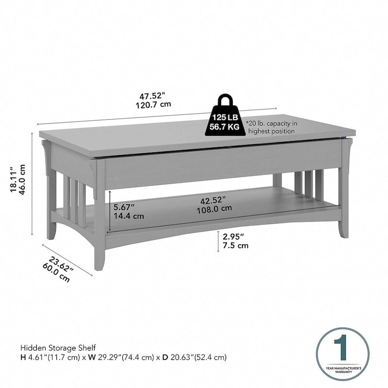 Table basse à plateau relevable avec rangement, blanc antique/gris cap Cod