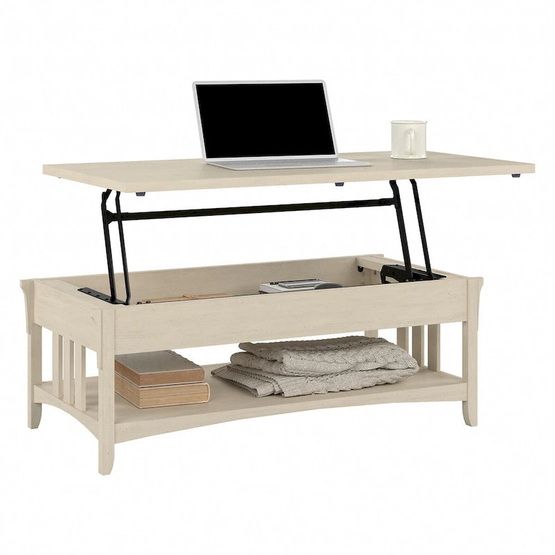 Table basse à plateau relevable avec rangement, blanc antique/gris cap Cod