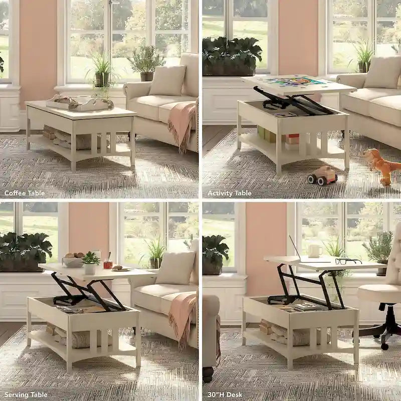 Table basse à plateau relevable avec rangement, blanc antique/gris cap Cod