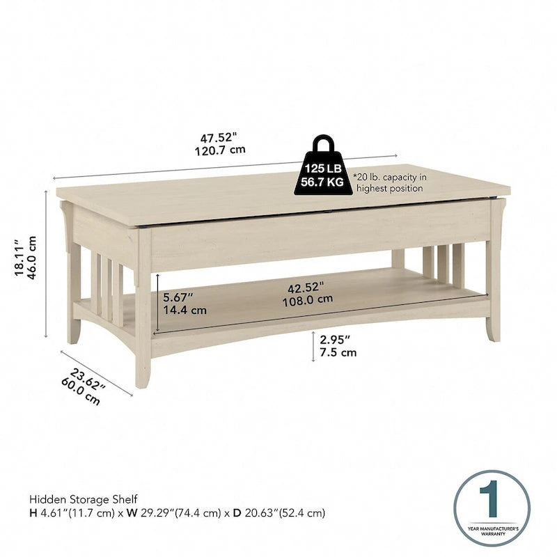 Table basse à plateau relevable avec rangement, blanc antique/gris cap Cod